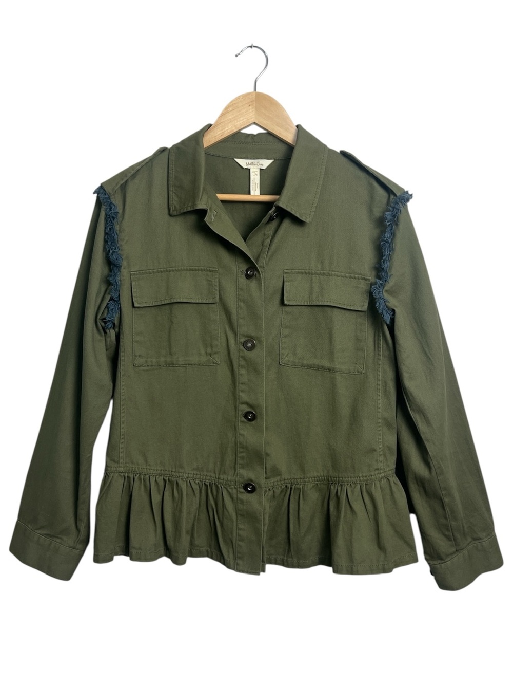 Matilda Jane Olive Green Military Utility Jacket Ruffle Boho Embroidered Back S